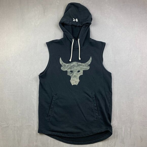 Under Armour Project Rock Mens Sweater Small Black Hoodie Sleeveless Brahma Bull - Picture 1 of 8